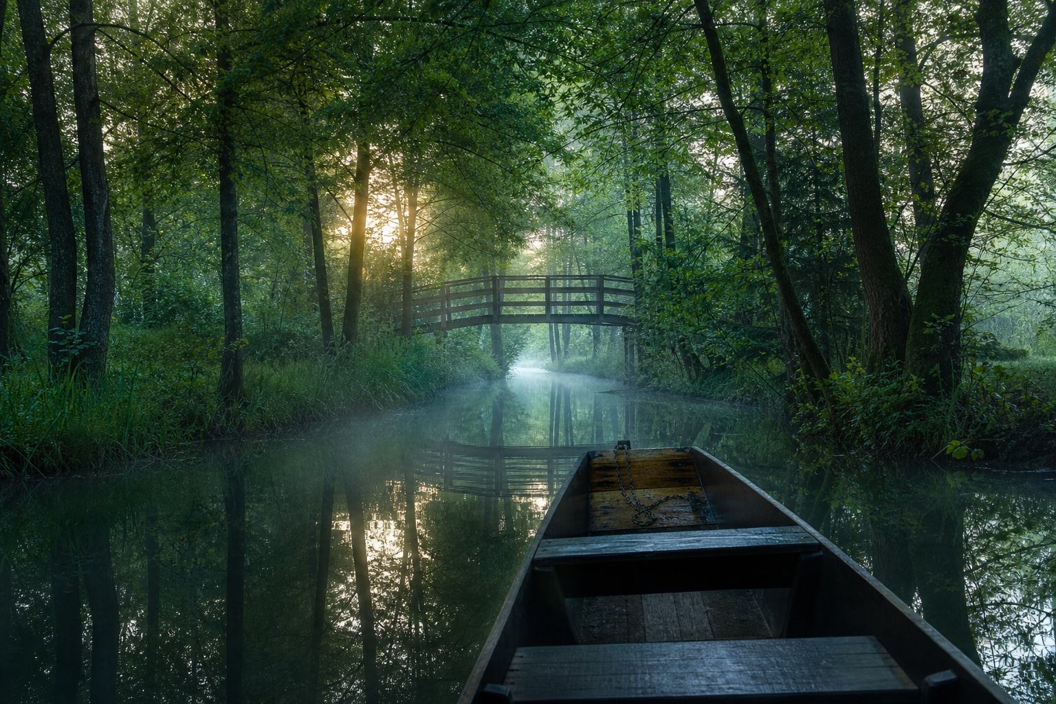 Schmaler Spreewaldkanal mit Kahn und Morgennebel zwischen Erlen